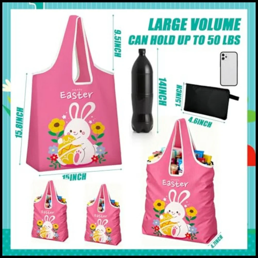 Easter Themed Reusable Tote Bags Polyester Foldable Washable Storage Pouch